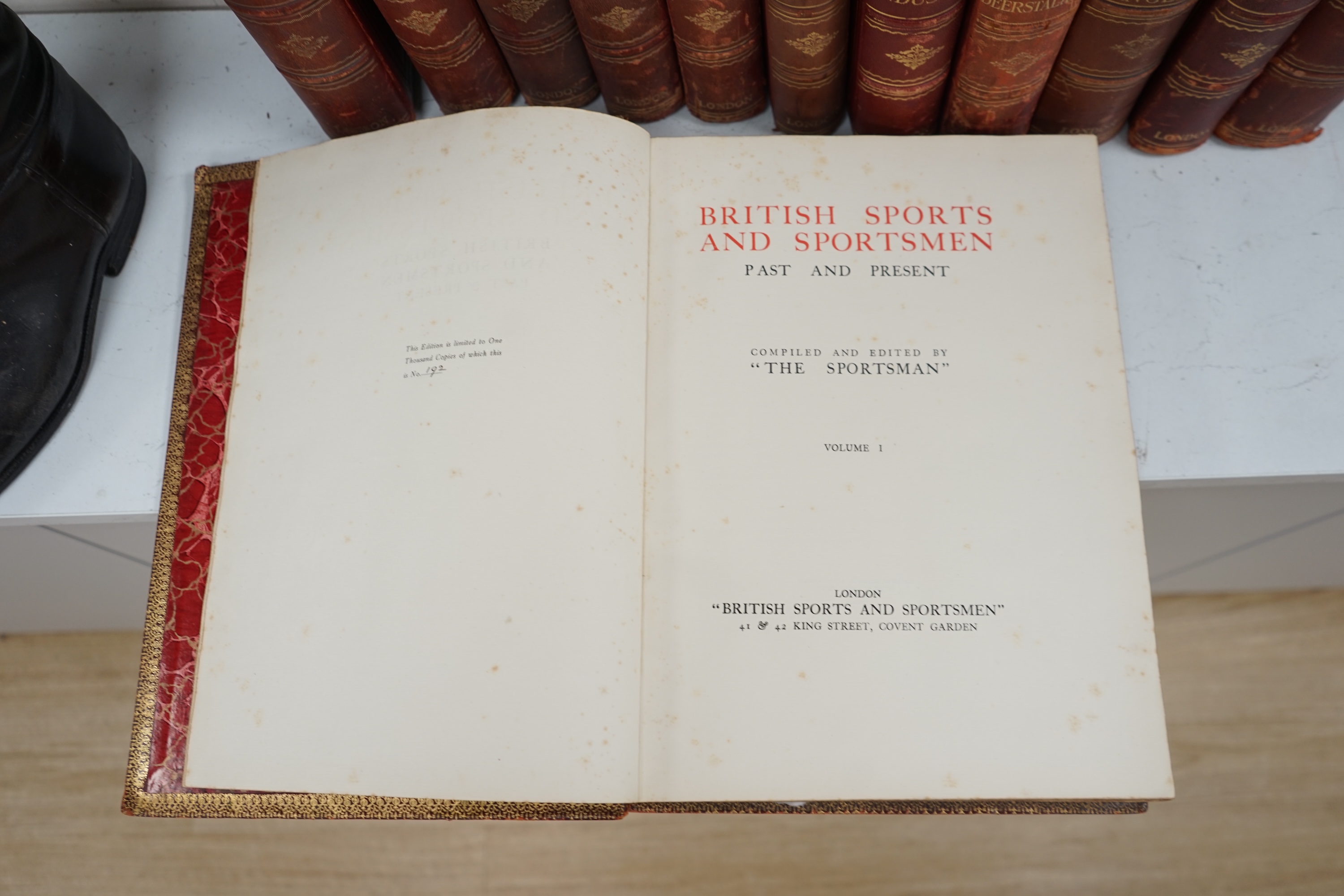 British Sports and Sportsmen. 12 vols., including Shooting and Deerstalking; Polo and Coaching; Yachting and Rowing; Racing. with photogravure portaits and other num. illus. for each vol.; publisher's gilt red morocco, g